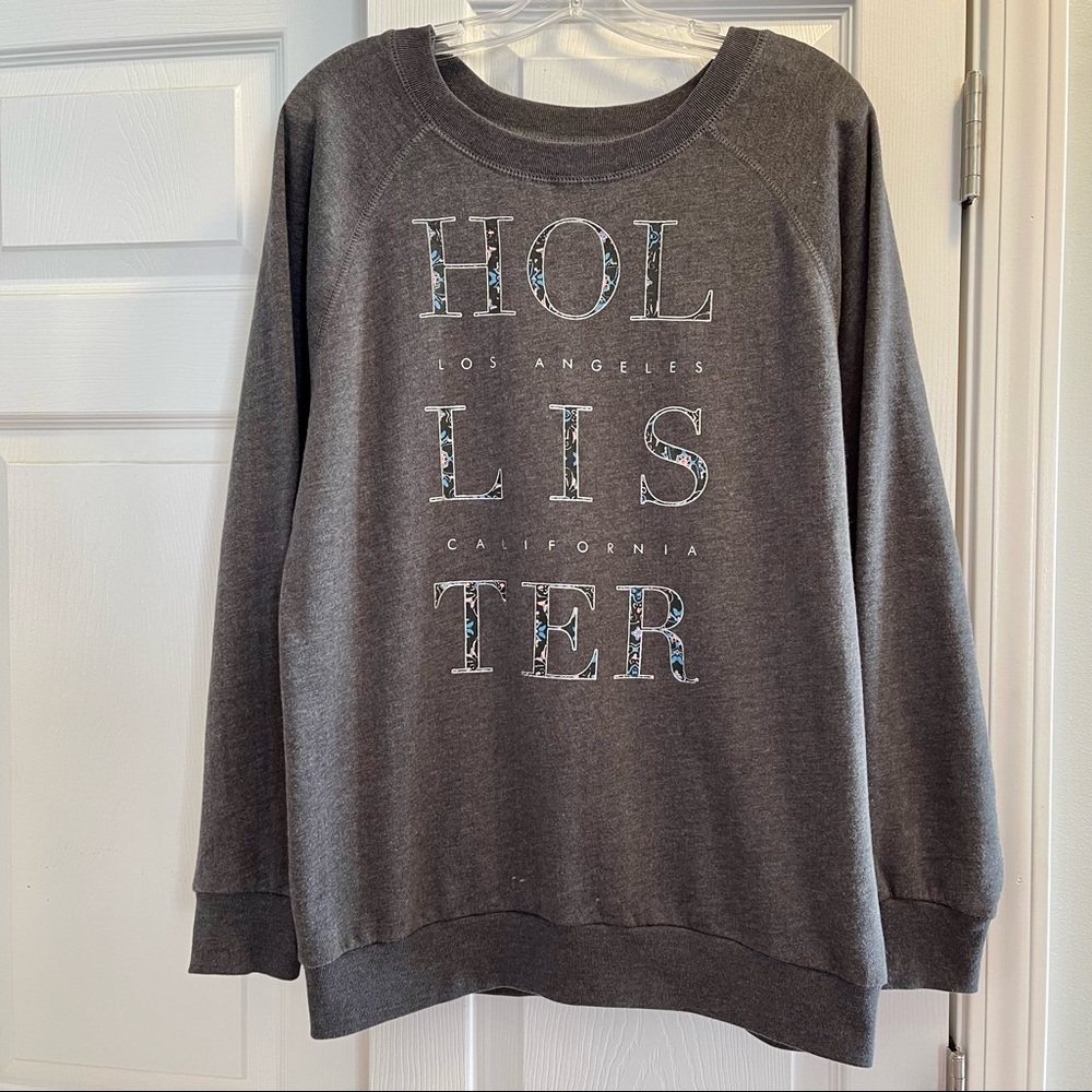 Hollister Sweatshirt Crew Neck Grey with Silver and Floral Block Letters Sz S